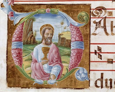 Sankt Johannes Evangelist Lettrine oplyst af Antonio Cicognari. Detalje af et antifonarium. 1483. Cremone, kor 4, capitolo del duomo af Antonio Cicognara