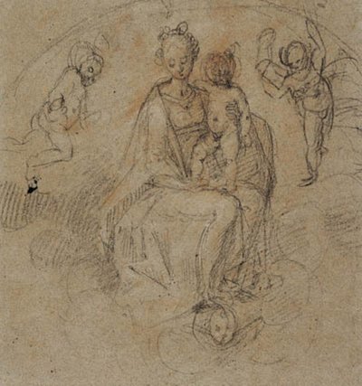 Madonna og Child i skyerne flankeret af to putti af Antonio Cimatori