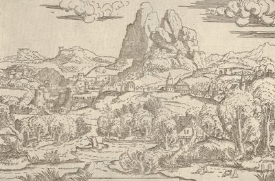 Landskab fra Venus Pushing Cupid stel, 1540-45. af Antonio Fantuzzi