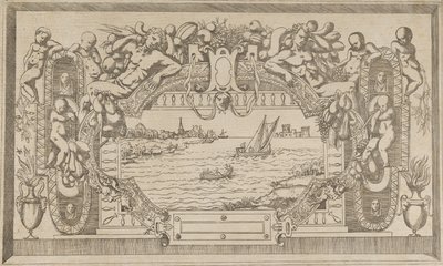 Landskab med dekorativ ramme, ca. 1543. af Antonio Fantuzzi