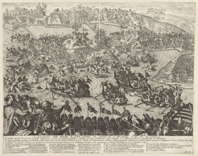 Aanval over zee en land op San Michele Angrebet til søs og til lands på øen S. Michele den 15. juli (titel på objektet) De belegering van Malta (serietitel) af Antonio Francesco Lucini