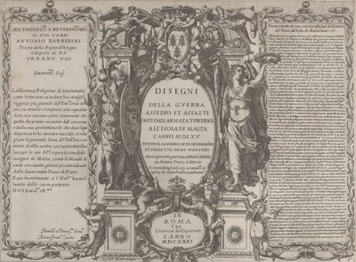 Frontispice for tegninger af krigen, belejringen og angrebet af den tyrkiske hær på øen, 1631. af Antonio Francesco Lucini