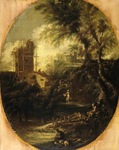 Landskab med Eremit, Pilgrim og Bondekone af Antonio Francesco Peruzzini (attributed to)