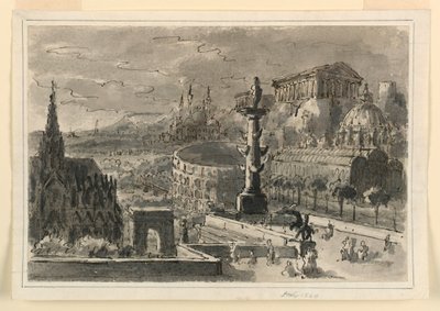 Scenedesign, agglomerering af forskellige bygninger af Antonio Giuseppe Basoli