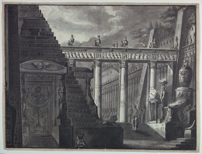 Scenedesign, gårdhave til et egyptisk tempel af Antonio Giuseppe Basoli