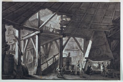 Scenedesign, ruineret landbrugsbygning interiør af Antonio Giuseppe Basoli