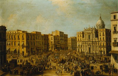 Largo San Ferdinando, Napoli, ved karnevalstid med den kongelige vogn, der nærmer sig Palazzo Reale, af Antonio Joli