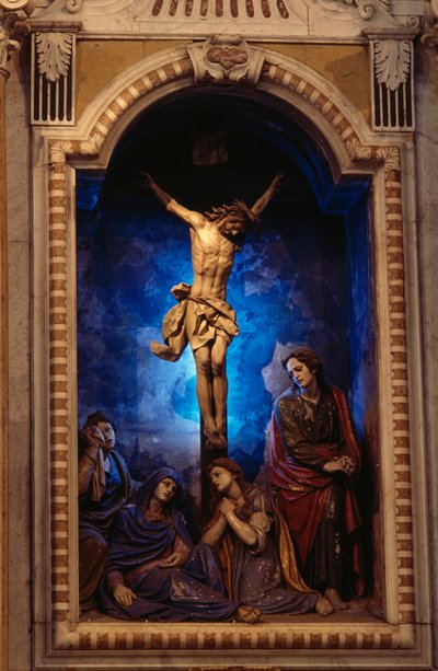 Korsfæstelse, af Anton Maria Maragliano (1664-1739), Krucifiks kapel, Vor Frue af Acquasantas helligdom, Acquasanta, Genova, Ligurien, Italien af Antonio Maria Maragliano