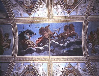 Nattens personifikation ridende over himlen i en stridsvogn, loftsmaleri af Antonio Maria Viani