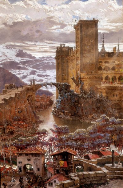 Udsigt over et romantisk slot. Maleri af Antoni Munoz i Degrain (1841-1924). Begyndelsen af det 20. århundrede. Valencia. Museum of Fine Arts San Pio V. af Antonio Munoz Degrain