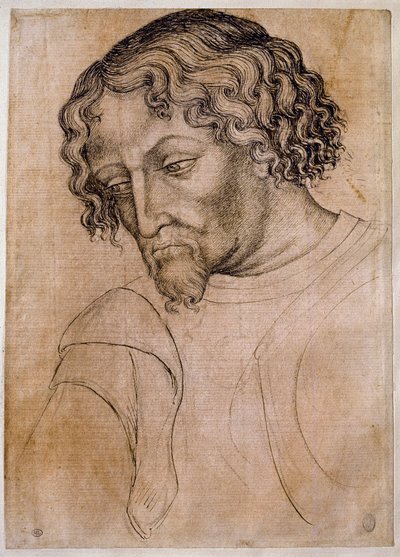 Buste af skægget mand, trekvart hoved lænet til venstre. Tegning af værkstedet Antonio di Puccio Pisano dit Pisanello (1395-1455). Fjer (tegning), blod. Mål: 28x20 cm. Louvre, tegnefirma af Antonio Pisanello