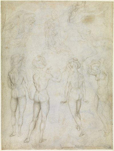 Fire studier af et kvindeligt nøgenbillede, en bebudelse og to studier af en svømmende kvinde, ca. 1425 (metalspids, pen og blyant i brunt på pergament) af Antonio Pisanello