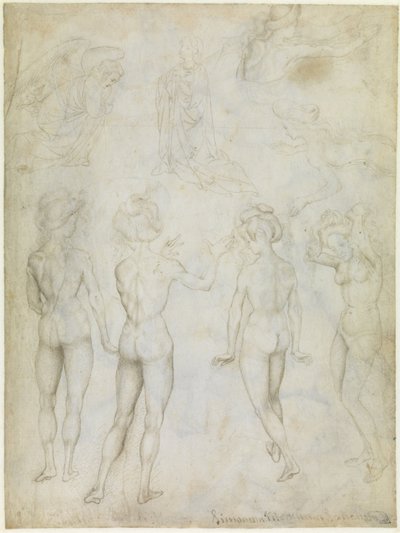 Fire undersøgelser af en kvindelig nøgen, en bebudelse og to undersøgelser af en kvinde, der svømmer, ca. 1425 af Antonio Pisanello