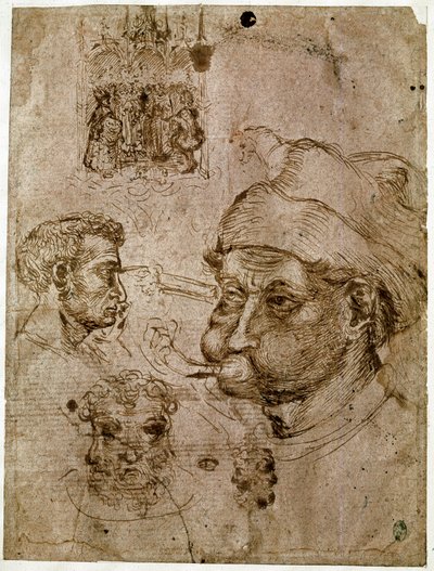 Fire mænds hoveder, hvoraf to har tre ansigter. En altertavle. En hest. Tegninger fra Antonio di Puccio Pisano dit Pisanellos værksted (1395-1455). Brunt blæk, pen (tegning), blod. Mål: 27,1 x 20,5 cm. Louvre, Cabinet des medailles. af Antonio Pisanello