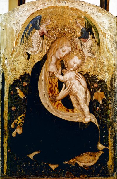 Madonnaen har vagtler Detrempe på træ af Pisanello (Antonio Pisano) (ca. 1380-1455). 1420 ca. Dim.50x33 cm Verone, Castevecchio Museum - Madonna med en vagtel, af Antonio Pisano a.k.a Pisanello (1380-c.1455)., Tempera på træ, 50x33 cm af Antonio Pisanello