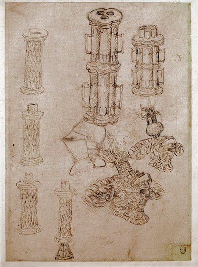 Tre hjelme toppet med cests og to stykker kanoner demoleret. Tegning af Antonio di Puccio Pisano dit Pisanello (1395-1455) Brun blæk, sort sten, fjer. Mål: 28,7 x 20,6 cm. Louvre, tegnefirma af Antonio Pisanello