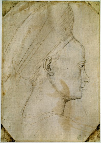 Ung kvindes hoved, i profil til højre. Tegning af Antonio di Puccio Pisano dit Pisanellos værksted (1395-1455). Brun blæk, sort sten, fjer. Mål: 24,6x17,2 cm. Louvre, Cabinet dessins. af Antonio Pisanello