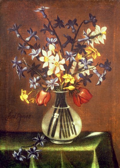 Blomsterstilleben med hyacinter, tulipaner og fasanøje (olie) af Antonio Ponce