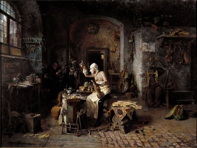 Den italienske luthier Antonio Stradivari (Stradivarius) (1644-1737) i sit værksted af Antonio Rinaldi