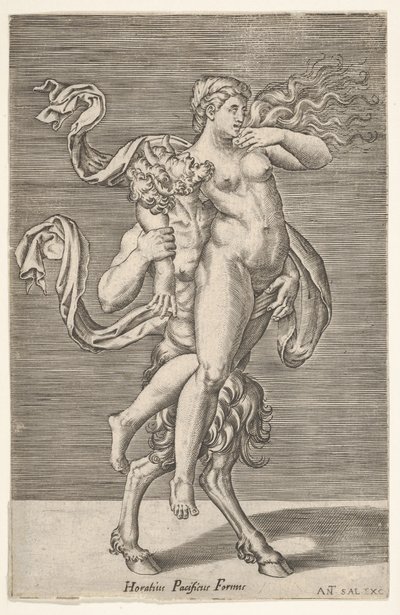 Satyr, der bærer en nymfe, hvis højre arm er viklet om satyrens hals, med en ..., ca. 1505-62. af Antonio Salamanca
