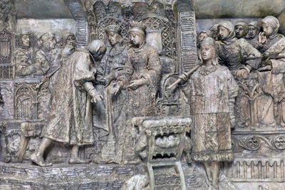 Columbus og de katolske konger, detalje af præsentationen af Columbus for de katolske konger på Salon del Tinell i Barcelona (bronze) af Antonio Susillo Fernandez