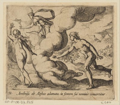 Arethusa bliver efterfølget af Alpheus Arethusa, forelsket i Alpheus, bliver forvandlet til kilden til hendes navn (titel på objektet) Metamorfoseon eller transformationer (serietitel) Metamorfosen van Ovidius (serietitel) af Antonio Tempesta