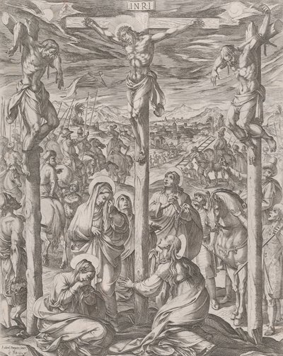 Kristus korsfæstet mellem de to tyve, de tre Mariaer ved foden af korset, 1612. af Antonio Tempesta