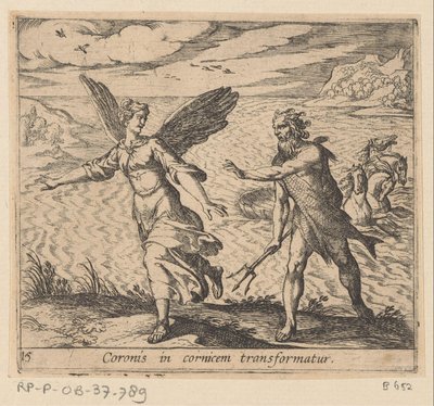 Kronen blev ændret til een kraai En krone omdannes til en gesims (titel på objekt) Metamorfoseon eller transformationer (serietitel) Metamorfosen van Ovidius (serietitel) af Antonio Tempesta