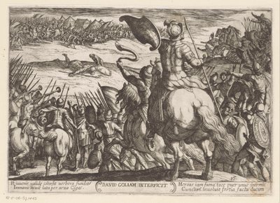 David dræber Goliat David Goliam Interficit (titel på objekt) Det Gamle Testamentes kampscener (serietitel) af Antonio Tempesta