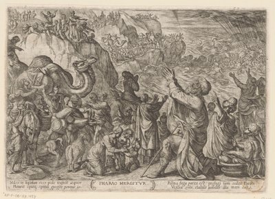Ægypterne er ved at drukne i Det Røde Hav Farao Mergitur (titel på objekt) Det Gamle Testamentes kampscener (serietitel) af Antonio Tempesta
