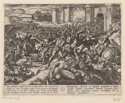 Romerne bliver besejret af de hollandske tropper ved Bonn De bataviske krige mod romerne (serietitel) Batavorum cum Romanis Bellum (serietitel) af Antonio Tempesta