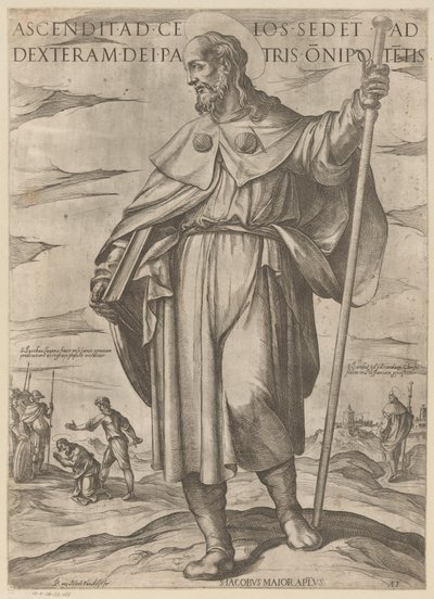 De heilige Jakobus de Meerdere Han, der steg op til himlen, sidder ved Gud den Almægtige Faders højre hånd (titel på objektet) Kristus, Maria og apostlen (serietitel) af Antonio Tempesta