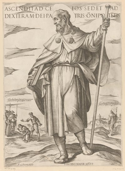 De heilige Jakobus de Meerdere Han, der steg op til himlen, sidder ved Gud den Almægtige Faders højre hånd (titel på objektet) Kristus, Maria og apostlen (serietitel) af Antonio Tempesta