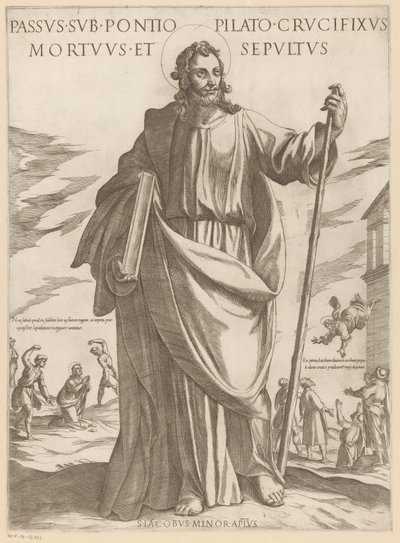 De heilige Jakobus de Mindere Lider under Pontius Pilatus, korsfæstet, død og begravet (titel på objektet) Kristus, Maria og apostlen (serietitel) af Antonio Tempesta