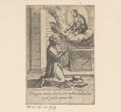 De heilige Philippus plaast zich onder de hoede van Maagd Maria Het Leven van Philippus Benitius (serietitel) B. Philippi Benicius Florens liv. ord. Tjener for B. Mary the Virgin (serietitel) af Antonio Tempesta