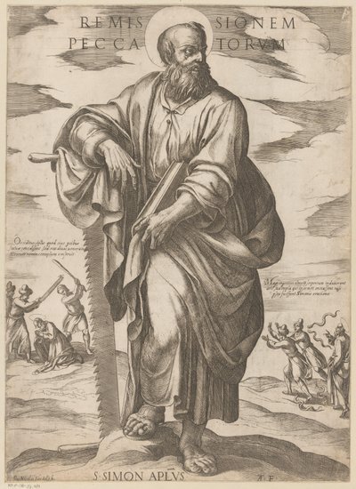 Af Sankt Simon Forladelse af synder (titel på objekt) Kristus, Maria og apostlen (serietitel) af Antonio Tempesta