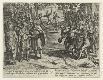 De gamle bataviske mænd afkøber deres tjeneste for romerne, 69-70 The Batavian Revolt (serietitel) Batavorum cum Romanis Bellum, à majs. Tacito / The Batavian Oft Oude Hollandtsche Krijghe teghen de Romeynen (serietitel på objekt) af Antonio Tempesta