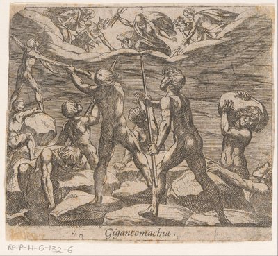 Kæmperne forsøger at angribe Olympus Gigantomachia (titel på objekt) Metamorphoseon sive transformationum (serietitel) Metamorphoses of Ovid (serietitel) af Antonio Tempesta