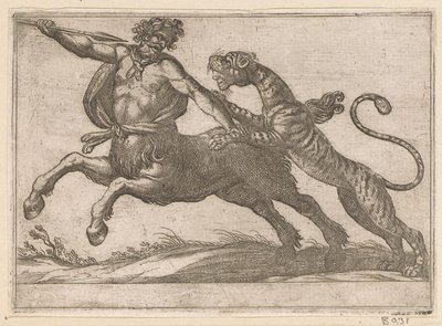 En tiger, der kæmper mod en kentaur Kampdyr (serietitel) af Antonio Tempesta
