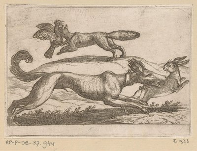 En ræv angriber en kylling og en hund angriber en hare Kampdyr (serietitel) af Antonio Tempesta