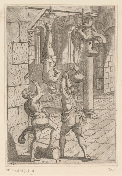 Tortur med hammere, mens de hænger Tortur udsat af kristne martyrer (serietitel) Varia tormentorum et supplicioru crudelium (...) (serietitel) af Antonio Tempesta