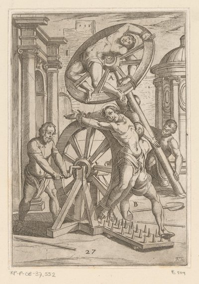 Tortur med skarpe spidser og hjul Tortur udsat af kristne martyrer (serietitel) Varia tormentorum et supplicioru crudelium (...) (serietitel) af Antonio Tempesta