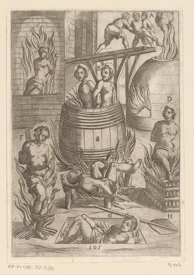 Tortur med forskellige måder at brænde på Tortur udsat af kristne martyrer (serietitel) Varia tormentorum et supplicioru crudelium (...) (serietitel) af Antonio Tempesta