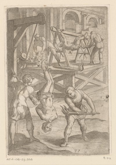 Tortur: Hængende og brændende Tortur udsat af kristne martyrer (serietitel) Varia tormentorum et supplicioru crudelium (...) (serietitel) af Antonio Tempesta