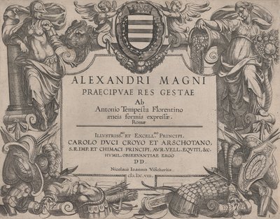 Frontispice til Alexander den Stores liv, til venstre er Bellona og til højre en kvinde ..., 1608. af Antonio Tempesta