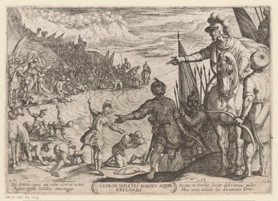 Gideon vælger sine soldater Gedeon milites haustu aquae explorat (titel på objekt) Det Gamle Testamentes kampscener (serietitel) af Antonio Tempesta