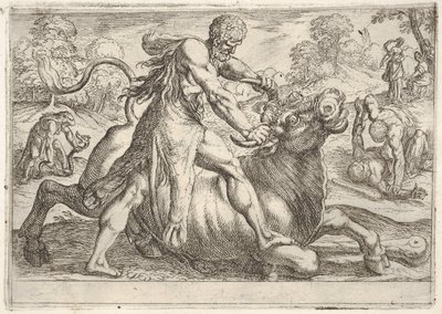 Hercules og Achelous: i midten tager Hercules fat i hornene på en tyr, mens han trykker på hans ri..., 1608. af Antonio Tempesta