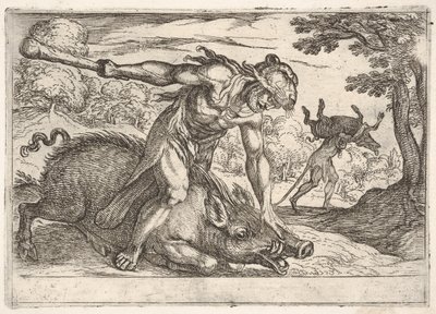Hercules and the Boar of Erymanthus: Hercules holder ornens tryne nede med sin venstre ha..., 1608. af Antonio Tempesta