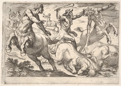 Hercules and the Centaurs: Hercules holder hovedet af en kentaur med sin venstre hånd og rai..., 1608. af Antonio Tempesta