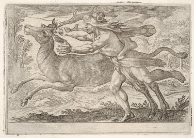 Hercules and the Hind of Mount Cerynea: Hercules skrider langs med bagdelen og griber..., 1608. af Antonio Tempesta